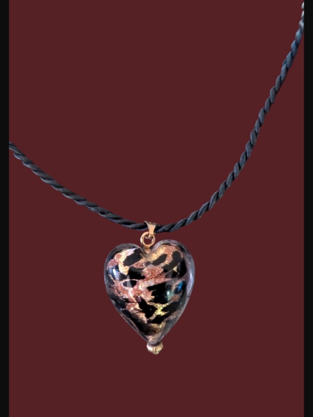 Media Imports 14K Murano Glass Heart 1.25" Pendant 18" Black Cord Chain Necklace
